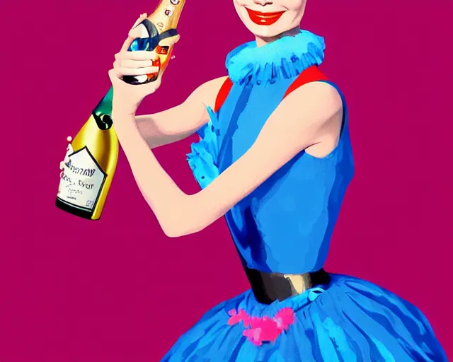 Prompt: audrey hepburn as a cancan dancer besides a big bottle of champagne in art deco style, hyper realistic, artstation, illustration, digital paint, matte paint, vivid colors, bright, cheerful, detailed and intricate environment