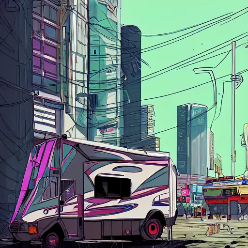 Prompt: digital painting of an RV in a cyberpunk city by Laurie Greasley, hyperdetailed, trending on Artstation