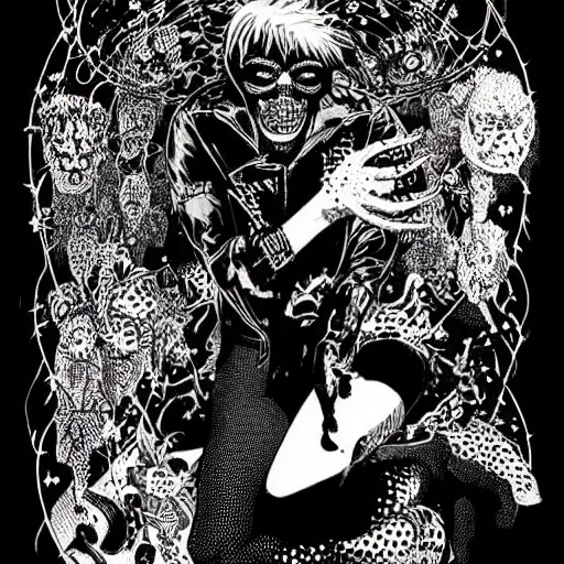 Image similar to a eccentric cybergoth guy, face covered in moths, small details, aesthetic!!!, color, by virgil finlay, by jamie hewlett,