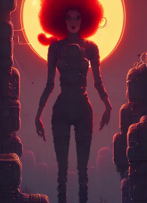 Image similar to highly detailed portrait of sci - fi long curly fire hair lady, stray wiring by atey ghailan, james gilleard, by joe fenton, by greg rutkowski, by greg tocchini, by kaethe butcher, 4 k resolution, gradient red, orange, black and white color scheme!!! ( ( flaming robotic dystopian city spiral background ) )