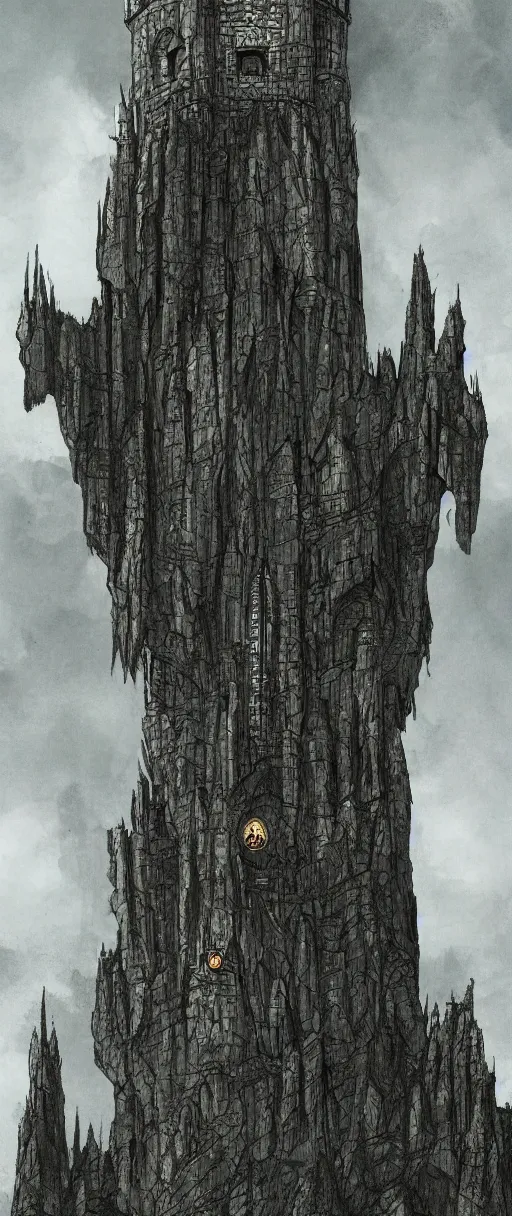 Image similar to lord of the rings high medieval tower with dark stones. the tower is on a hill. there are stone ruins at the bottom. a dark forest is all around the tower. illustration on artstation