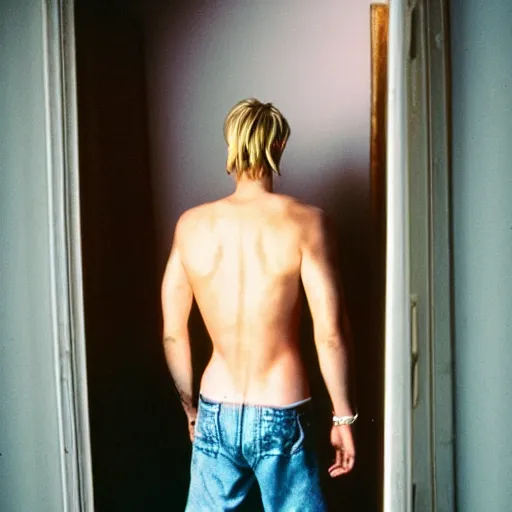 Image similar to kodak portra 4 0 0 photograph of a skinny blonde guy standing in cluttered 9 0 s bedroom, back view, moody lighting, telephoto, 9 0 s vibe, retro, blurry background, vaporwave colors, faded!,