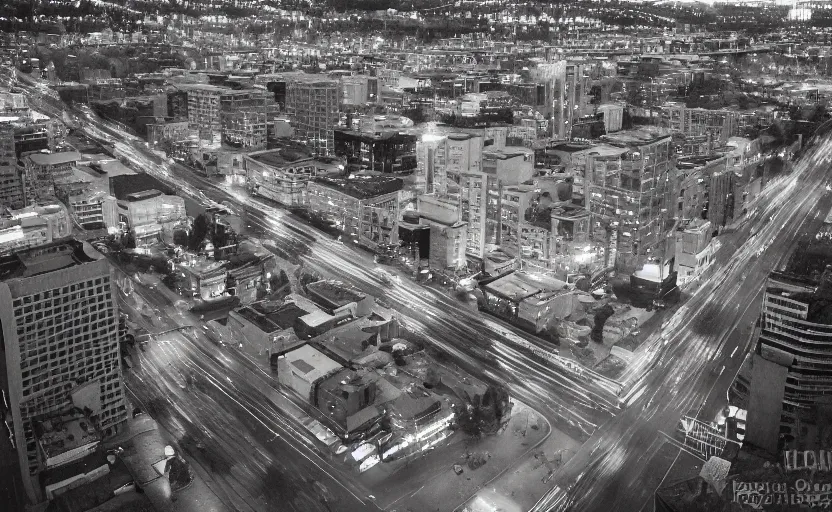 Image similar to 2011 Seattle rainy afternoon, aerial view , aerial view Cinestill 800t 18mm, heavy grainy picture, very detailed, high quality, 4k panoramic, billboards and streetlight at night, rain, mud, foggy