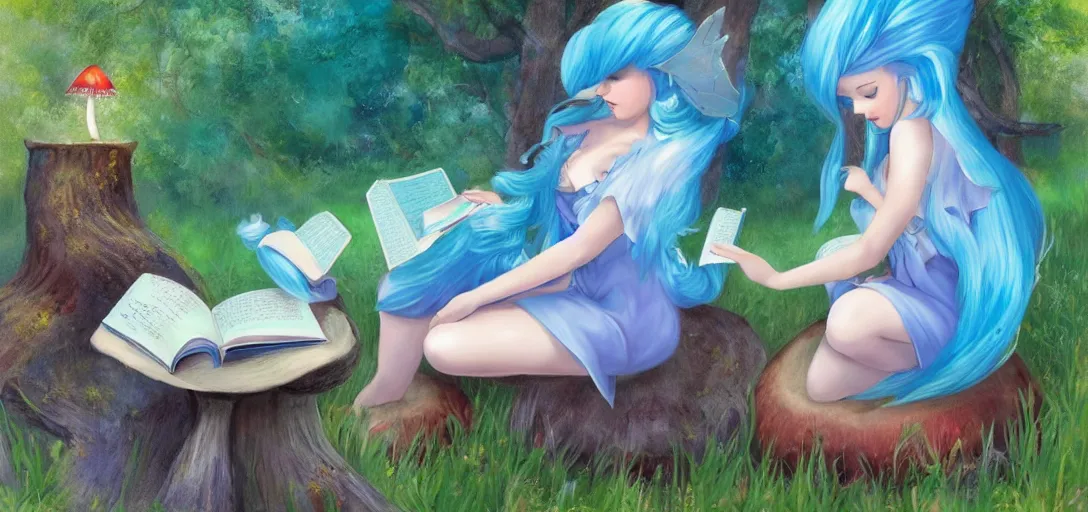 Prompt: A beautiful painting of a blue haired fairy reading a book while sitting on a mushroom by bob ross, Trending on artstation.