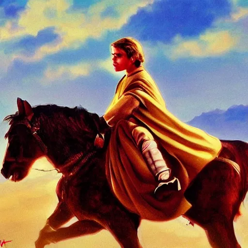 Image similar to anakin skywalker riding a pony, cinematic painting