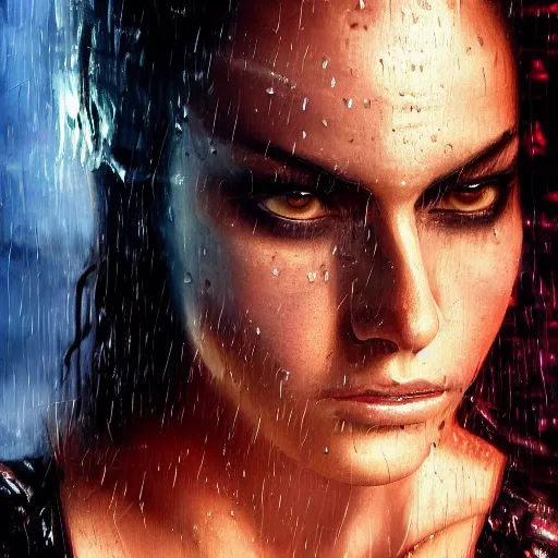 Image similar to closeup portrait of an angry woman looking at the camera in the style of stefan kostic, realistic, cyberpunk, leather jacket, mask, nighttime, rain storm, body shot, sharp focus, 8 k high definition, insanely detailed, intricate, elegant, art by stanley lau and artgerm, floating embers