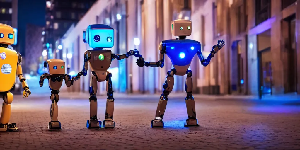 Image similar to two robots high fiving downtown at night