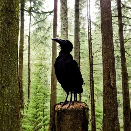 Image similar to anthropomorphic crow standing upright, photograph captured in a forest