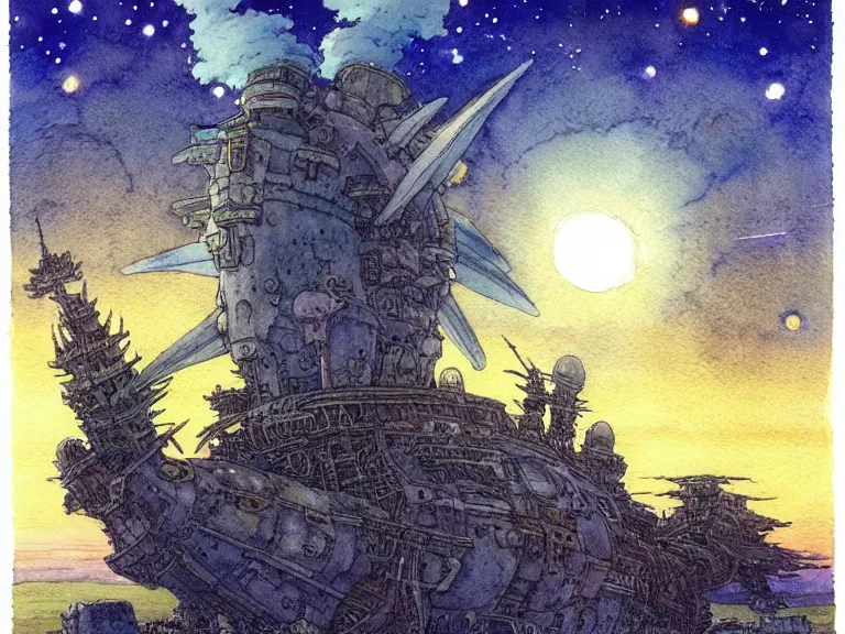 Prompt: hyperrealist studio ghibli watercolor fantasy concept art of an immense starship from howl's moving castle sitting on stonehenge like a stool. it is a misty starry night. by rebecca guay, michael kaluta, charles vess