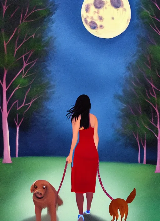 Image similar to young brown woman walking her dog in a park at night with a full moon, painting fantasy