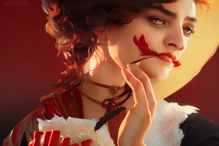 Image similar to kfc chicken, portrait, elegant, intricate, digital painting, artstation, concept art, smooth, sharp focus, illustration, art by artgerm and greg rutkowski and alphonse mucha