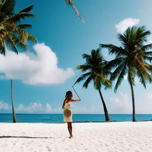 Prompt: violinist on the beach white sand blue sky tropical palm trees wallpaper 8 k instagram photography travel viral by annie leibovitz