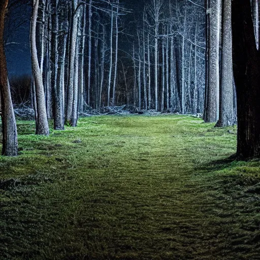 Prompt: A dark path through the field, winter, nighttime. A forest is visible in the distance. Amateur photograph