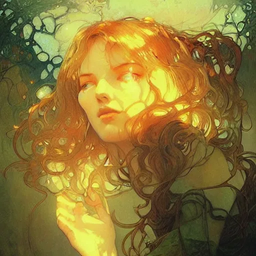 Prompt: glossy liquid honey drops flowing like translucent amber, backlit, sunset, refracted lighting, art by collier, albert aublet, krenz cushart, artem demura, alphonse mucha