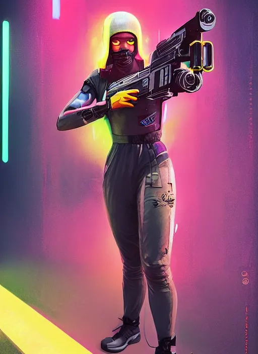 Image similar to beautiful cyberpunk female athlete wearing pink jumpsuit and yellow jacket. firing a futuristic red belt fed automatic pistol. ad poster for pistol. cyberpunk poster by james gurney, azamat khairov, and alphonso mucha. artstationhq. gorgeous face. painting with vivid color, cell shading. ( rb 6 s, cyberpunk 2 0 7 7 )