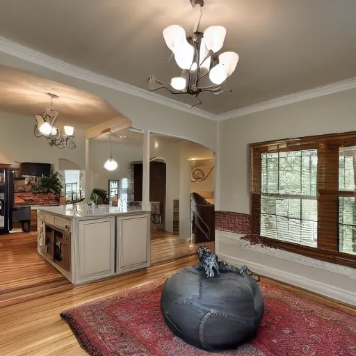 Prompt: a real estate home interior photo. there is a horrifying creature trying poorly to blend into the background.