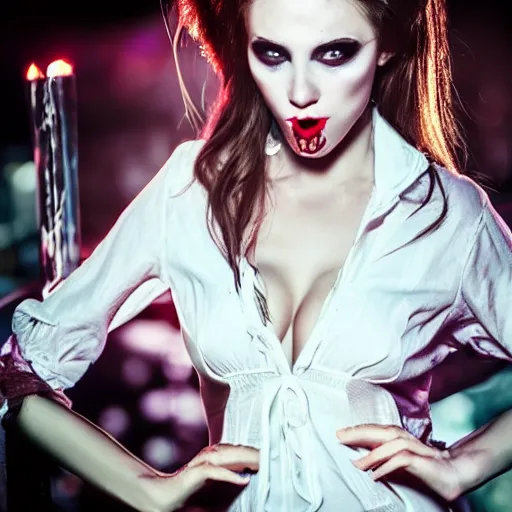 Prompt: beautiful vampire chick in an underground bar