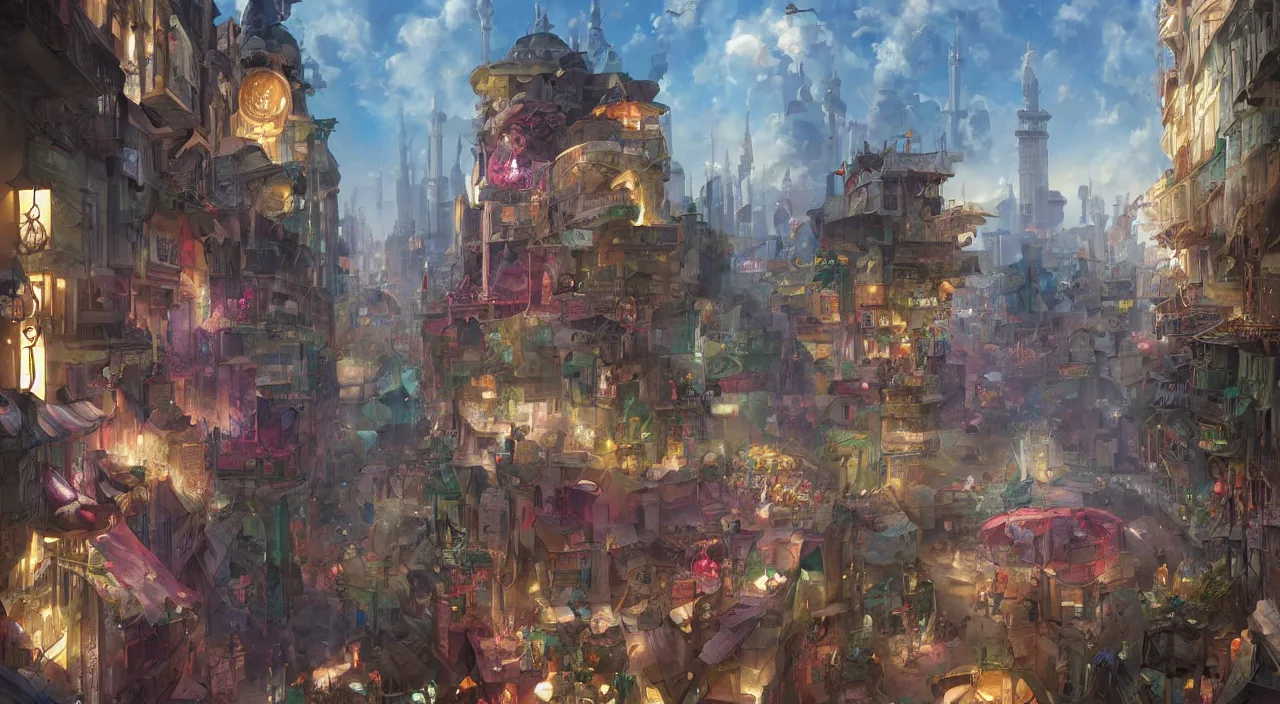 Image similar to bazaar zouk oriantal place mosquet multicolorful sky shine matte painting, street art, trending on artstation, by huang guangjian and gil elvgren and sachin teng