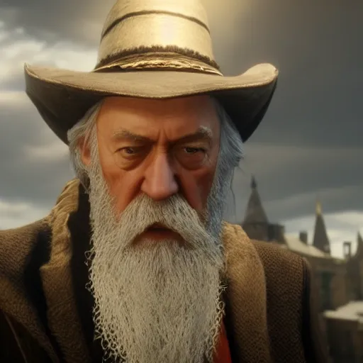 Prompt: Film still of Professor Dumbledore, from Red Dead Redemption 2 (2018 video game)