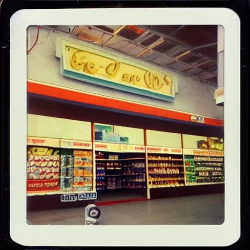 Image similar to low - angle go - pro view, very low - angle, ant's!!! eye!!! view!! photo of a groceries store, polaroid photo, by andy warhol