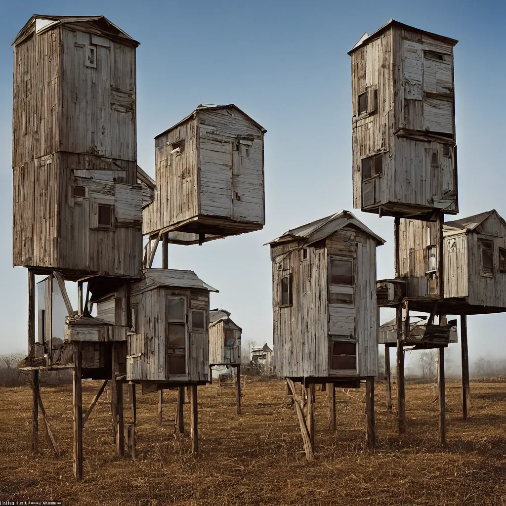 Image similar to two high towers, made up of makeshift squatter shacks with faded colours, plain uniform sky at the back, uneven fog, mamiya, fully frontal view, ultra sharp, very detailed, photographed by julie blackmon