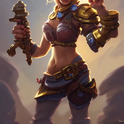 Image similar to beautiful muscular gnome engineer, full body portrait, metal gauntlet, female, naval landscape, d & d, fantasy, intricate, elegant, highly detailed, digital painting, artstation, octane render, concept art, matte, sharp focus, illustration, hearthstone, art by artgerm and greg rutkowski and alphonse mucha