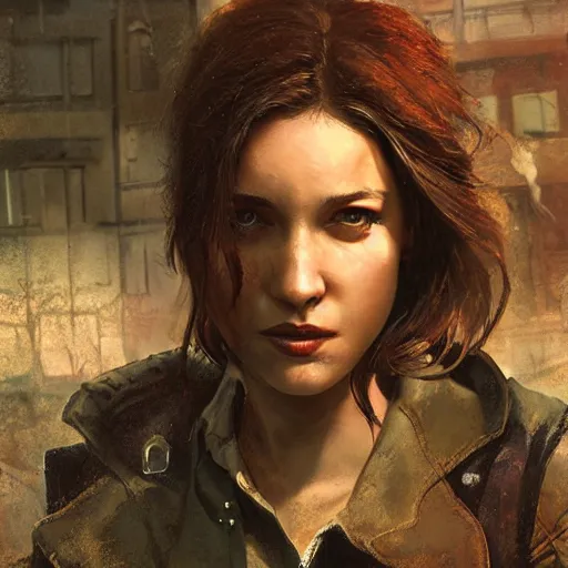 Image similar to fallout 5, charismatic beautiful rugged brunette female protagonist, portrait, outdoors ruined cityscape, atmospheric lighting, painted, intricate, volumetric lighting, beautiful, daytime, sunny weather, slight overcast, sharp focus, deep colours, ultra detailed, by leesha hannigan, ross tran, thierry doizon, kai carpenter, ignacio fernandez rios