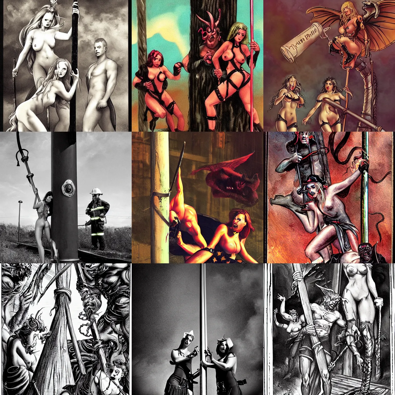 Prompt: succubi demons guarding a fireman's pole that descends straight to hell