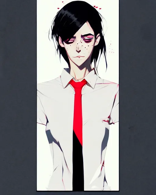 Image similar to a ultradetailed beautiful panting of a stylish woman wearing a shirt with a tie, she has black hair, by conrad roset, greg rutkowski and makoto shinkai, trending on artstation