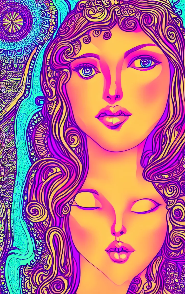 Image similar to beautiful hippie girl illustration, closeup in bikini over psychedelic sacred geometry hallucination