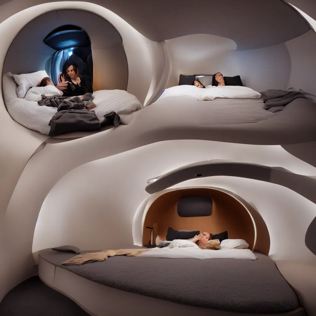 Prompt: inside cozy luxurious curved sleep-pod with wall to wall padding and sound system, amber ambient lighting, atmospheric, seductive, XF IQ4, 150MP, 50mm, F1.4, ISO 200, 1/160s, dawn