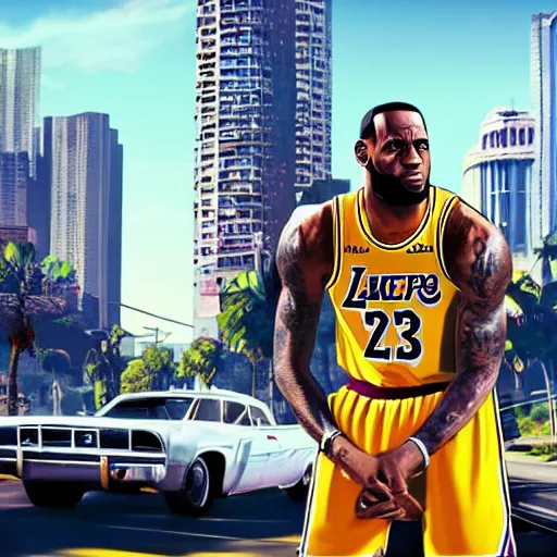 Image similar to lebron james in gta v cover art, art by stephen bliss, matte painting sharp focus