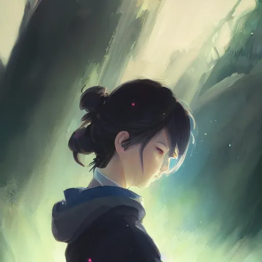 Image similar to girl sorcerer with white hair in a messy hairbun. cgsociety masterpiece, artstation trending, by rossdraws, ghibli, kimi no na wa, greg rutkowski, simon stalberg, greg manchess