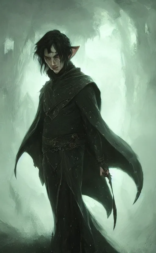 Image similar to Portrait of an elf in a black cloak, black hair, glowing eyes, male, detailed face, fantasy, highly detailed, cinematic lighting, digital art painting by greg rutkowski