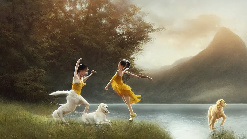 Image similar to “ a asian ballet girl dances with a white golden retriever, besides a small wooden red cottage by the lake, mountains in the background, soft lighting, sunny day, by charlie bowater, by greg rutkowski ”