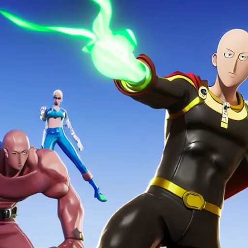 Image similar to one punch man in fortnite, character render, full body shot, highly detailed, in game render