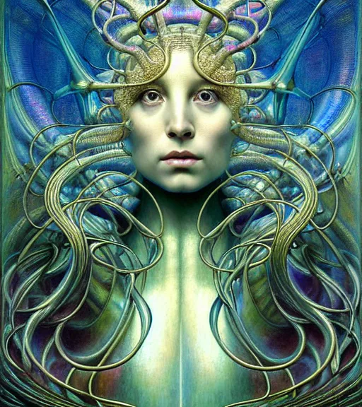 Image similar to detailed realistic iridescent beautiful young cher alien robot as queen of mandelbulb portrait by jean delville, gustave dore and marco mazzoni, art nouveau, symbolist, visionary, baroque. horizontal symmetry by zdzisław beksinski, iris van herpen, raymond swanland and alphonse mucha. highly detailed, hyper - real, beautiful