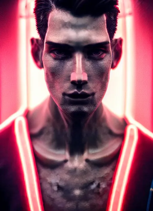 Image similar to a highly detailed long shot photo of masculin male face portrait, futurism, rococo cyber neon lighting, detailed futuristic fibonacci jewelry, profile posing, hyper photorealistic, crispy quality, digital photography, trending in pinterest, cinematic, 4 k ultra hd, art by pascal blanche, art by greg rutkowski, art by artgerm,