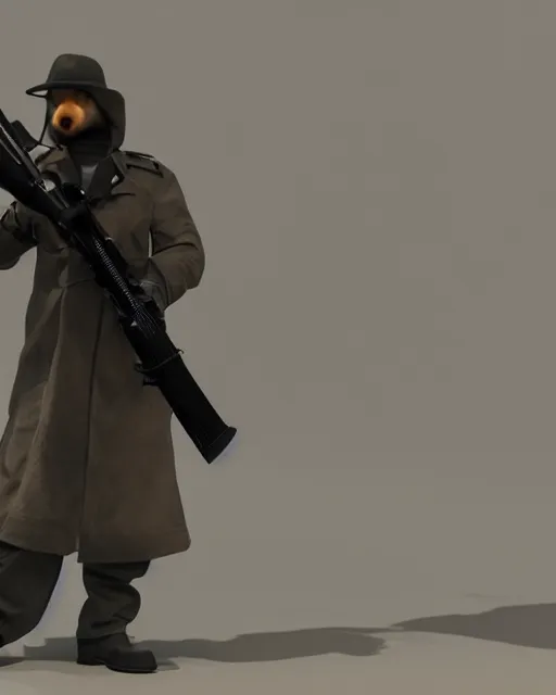 Prompt: a fox in a black trench - coat, holding a mini - gun with both hands, 3 d render, unreal engine 5, photorealistic
