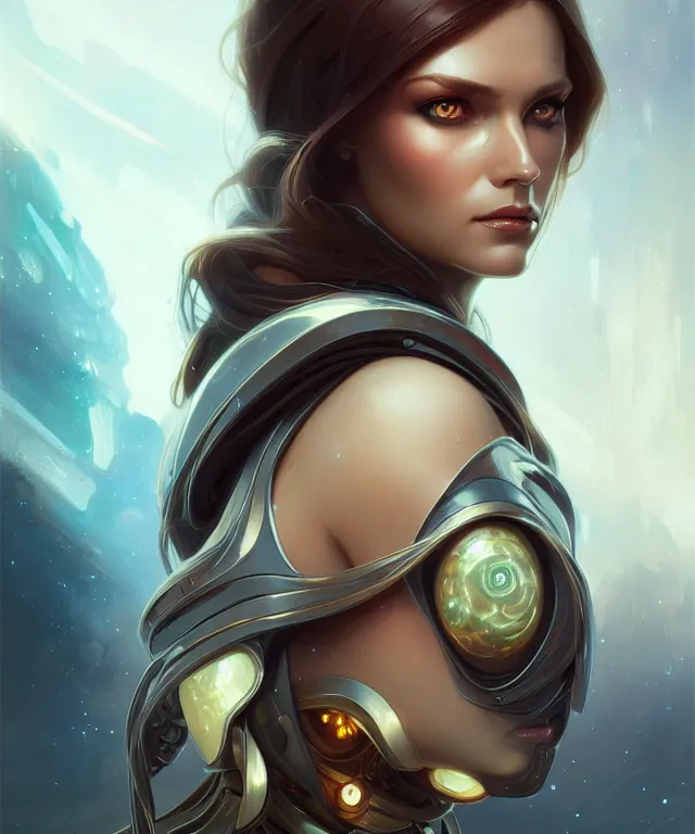 Image similar to futuristic woman portrait, sci-fi, amber eyes, face, long hair, fantasy, intricate, elegant, highly detailed, digital painting, artstation, concept art, smooth, sharp focus, illustration, art by artgerm and greg rutkowski and alphonse mucha