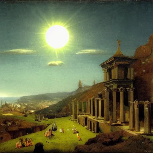 Image similar to dark solar eclipse, above a village, highly detailed, studio 4 k quality, by arnold bocklin