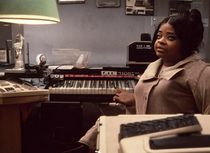 Prompt: cinematic shot of octavia spencer in an small used electronics store next to an old electronic keyboard, iconic scene from the paranoid thriller sci fi film directed by stanley kubrick, anamorphic lens, moody dark cinematography, beautiful composition, color theory, leading lines, photorealistic hands, 4 k