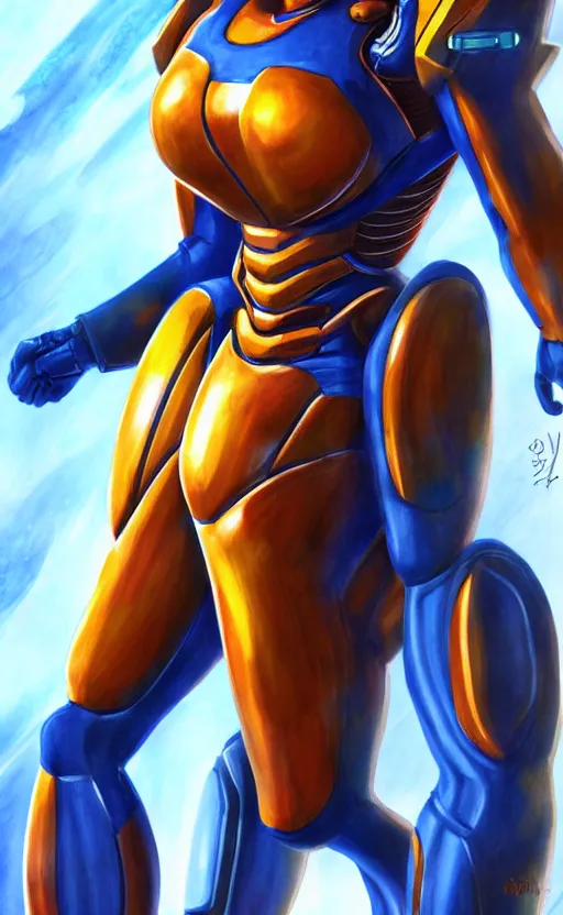 Image similar to samus aran bioorganic varia suit, energetic varia suit, full body portrait, highly detailed, intricate, concept art, vertical portrait