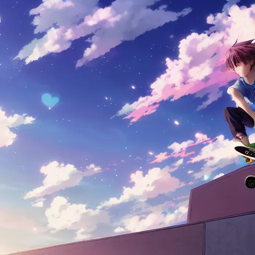 Prompt: a young anime boy riding a skateboard in the sky, colorful clouds, an ultrafine hyperdetailed illustration by akihiko yoshida, makoto shinkai, greg rutkowski, perfect face, intricate linework, global illumination, detailed and intricate environment, dream setting, final fantasy, trending on art station.