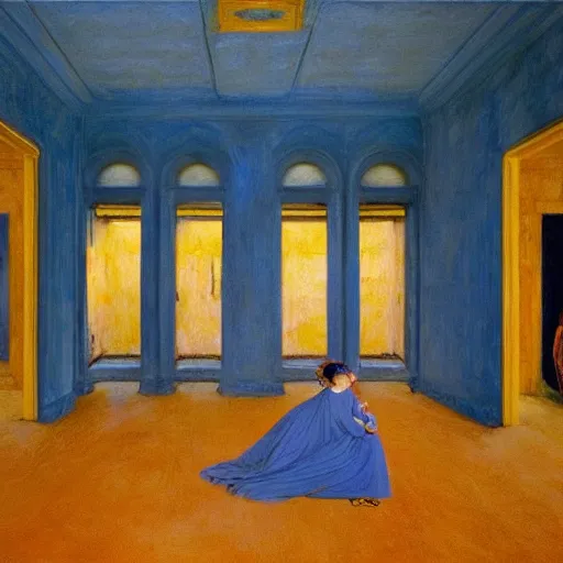 Prompt: procession of women in a blue and gold haunted liminal abandoned temple, film still by edward hopper, by gottfried helnwein, by klimt, art noveau, highly detailed, strong lights, liminal, eerie, bright pastel colors,
