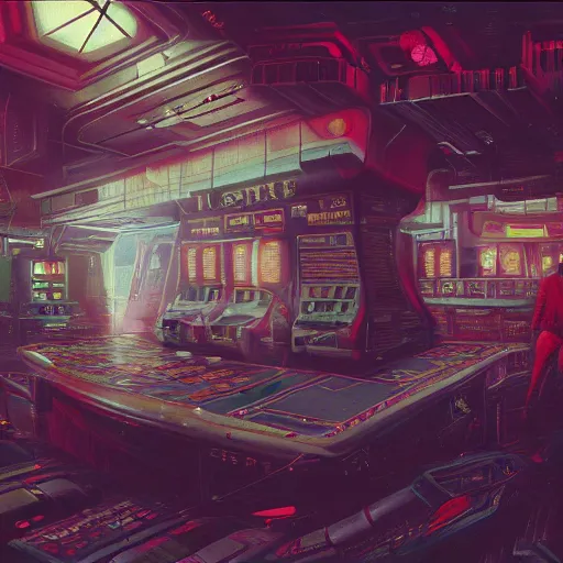 Prompt: used future casino, on a crowded space station, jim henson creature shop, 1 9 8 0 s science fiction, 1 9 7 0 s science fiction, alien 1 9 7 9, cyberpunk, 3 d oil painting, depth perception, 4 k, artstation