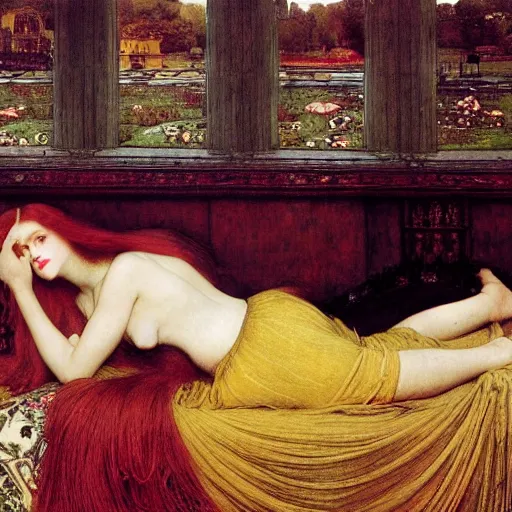 Image similar to preraphaelite photography reclining on bed, a hybrid of judy garland and a hybrid of lady gaga and katie holmes, aged 2 5, big brown fringe, wide shot, yellow ochre ornate medieval dress, john william waterhouse, kilian eng, rosetti, john everett millais, william holman hunt, william morris, 4 k