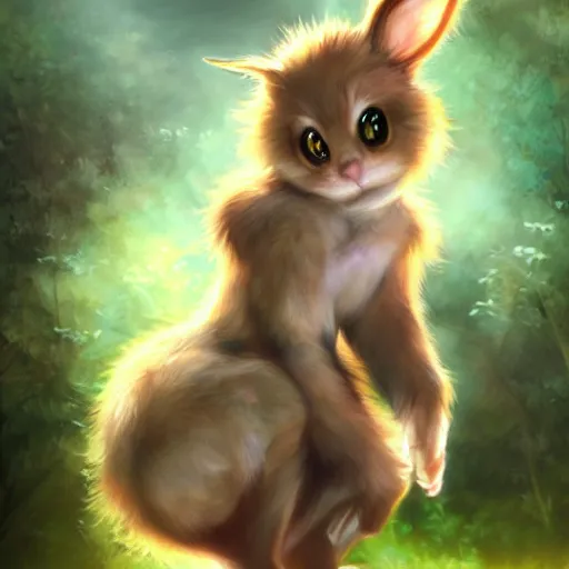 Image similar to cute anthropomorphic bunny, green eyes, light brown fur, anime, wlop, artgerm, royo