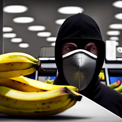 Image similar to a masked man at a self checkout stealing a banana, trending on artstation, depth field, unreal engine, cinematic, hyper realism, high detail, 8 k