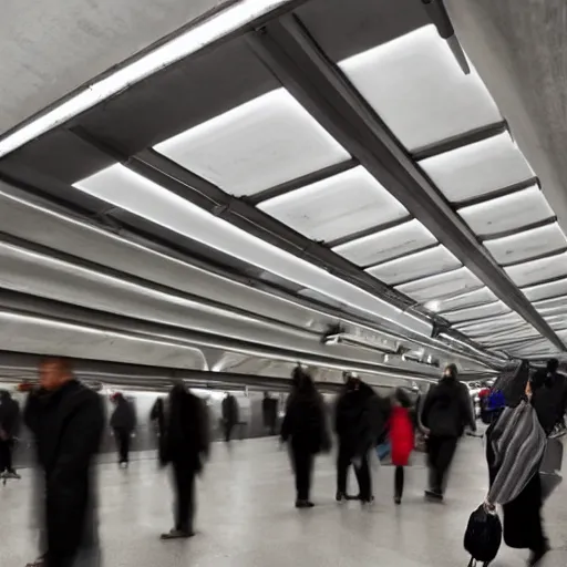 Image similar to an underground New York City subway station platform designed by Zaha Hadid